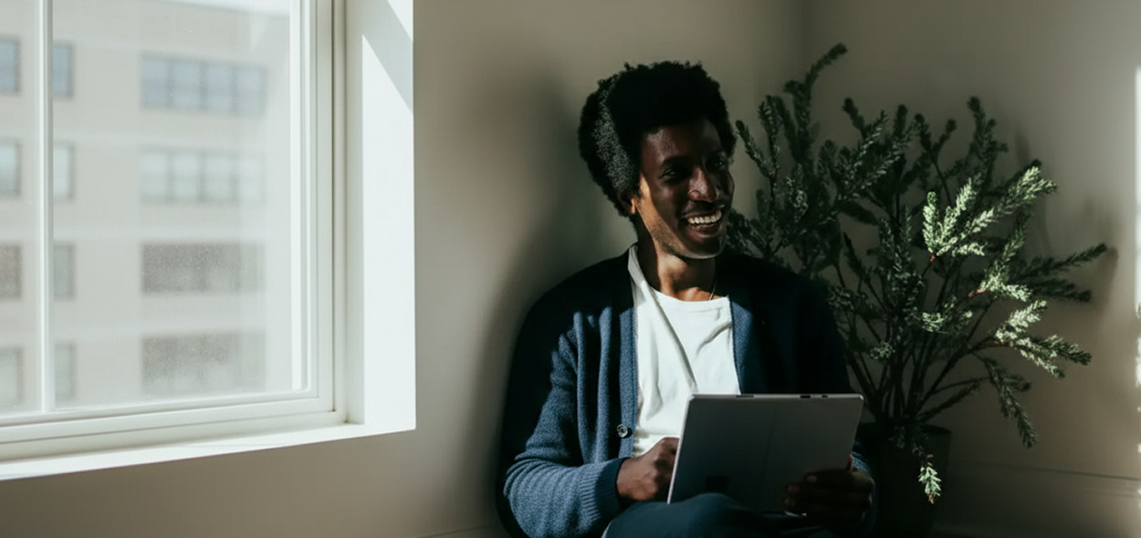 Anders brand wordmark in white placed on top of an image of a modern interior design.